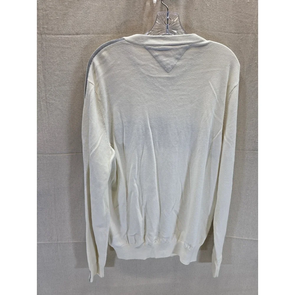 Tommy Hilfiger Golf Mens V-Neck Sweater Cream Grey Striped Cotton Blend Size M